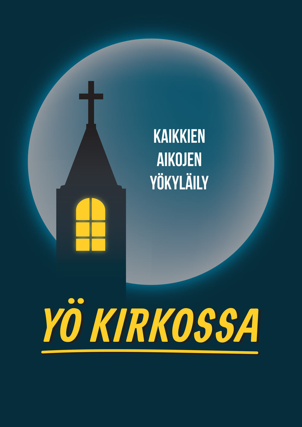 Kuva Yö kirkossa mainoksesta. Taustalla kirkko, jonka ikkunasta loistaa valo ja taustalla kuu.